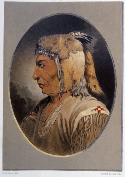 Retrato de um índio: Man-Ce-Muckt - in "Wandering of an artist among the indians of north america" de Paul Kane, Longmans & Roberts, Londres de Unknown artist
