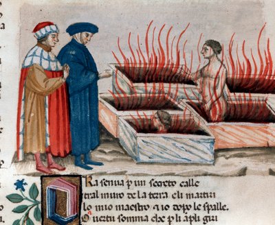 Retrato do poeta italiano Dante Alighieri com Virgílio entre os hereges como Farinata degli Uberti (canção 10 do Inferno, na Divina Comédia) - miniatura do século XV de Unknown artist