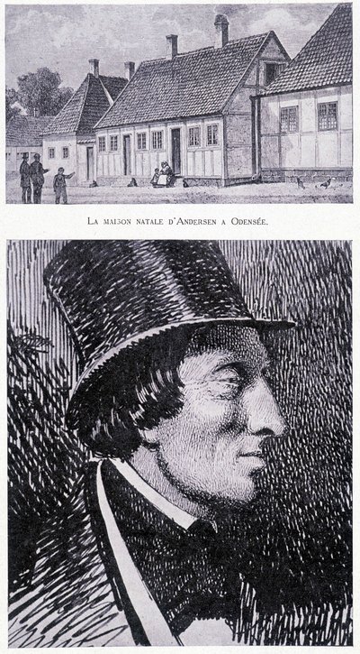 Retrato do escritor dinamarquês Hans Andersen (1805 - 1875) e da sua casa em Odensee, Dinamarca, cerca de 1832. de Unknown artist