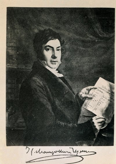 Retrato do egiptólogo francês Jean Francois (Jean-Francois) Champollion (1790-1832). Gravura do século XIX de Unknown artist