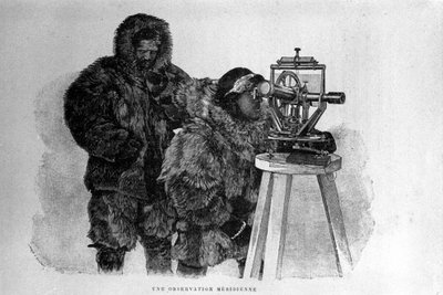 Retrato do explorador norueguês Fridtjof Nansen (1861-1930), cientista e diplomata, com um dos seus colaboradores no uso do teodolito. de Unknown artist