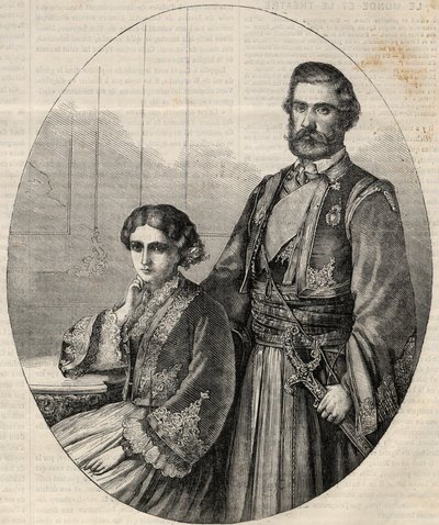 Retrato do Príncipe da Sérvia Miguel III (1823-1868) e da Princesa Julie (1831-1919). Gravura em "L
