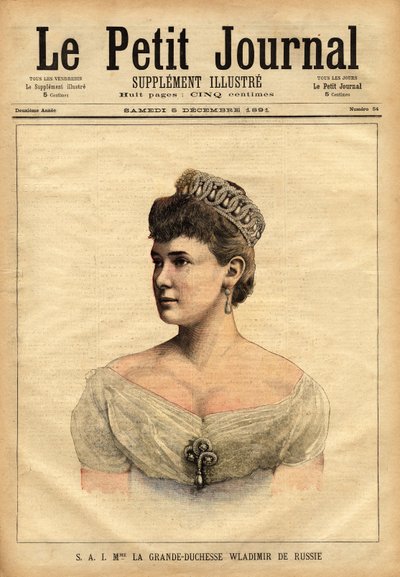 Retrato da grande Duquesa Vladimir da Rússia, nascida em 1854, Princesa Maria de Mecklenburg-Schwerin (Mecklenburg Schwerin) e casada em 1874 com o irmão mais novo do czar, Grão-Duque Vladimir Alexandrovich Romanov (1847-1909). Gravura em "Le peti de Unknown artist