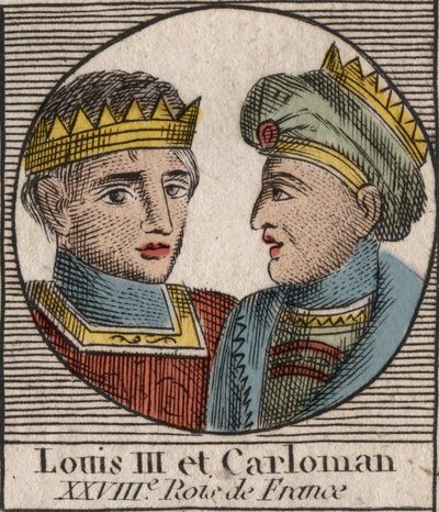 Retratos de Luís III (863/65-882) Rei dos Francos entre 879 e 882 e Carloman II (866-884), Rei dos Francos de 879 a 884 - Luís II rei da Francia Ocidental e Carloman II, rei da Francia Ocidental - gravura de "Instruction sur l