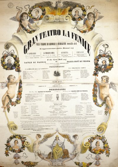 Poster para a apresentação da ópera "Aida" do compositor italiano Giuseppe Verdi (1813-1901) para a apresentação no teatro La Fenice em Veneza em 1843-1844. de Unknown artist