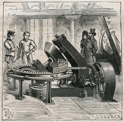 Olaria: Máquina Fleury usada para a moldagem mecânica de tijolos. Gravura de 1885 em "Les arts et metiers illustres" de Adolphe BITARD. de Unknown artist