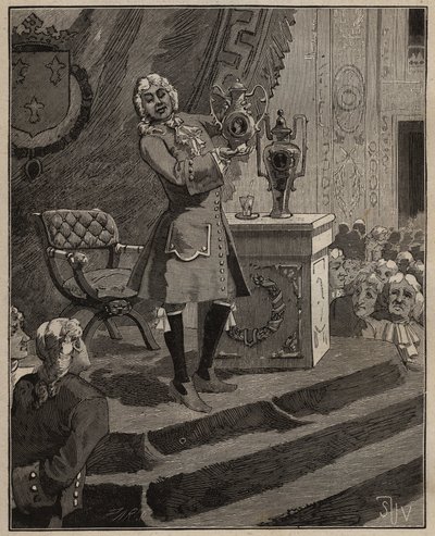 Olaria: Pierre Joseph Macquer (1718-1784) apresentando na Academia a primeira porcelana dura feita em França pela fábrica de Sevres, em 1769. Gravura de 1885 em "Les arts et metiers illustres" de Adolphe BITARD. de Unknown artist