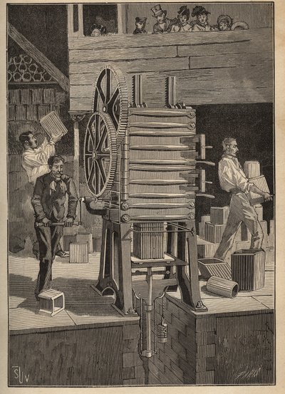 Olaria: moldagem mecânica de peças ocas. Gravura a partir de 1885 em "Les arts et metiers illustres" de Adolphe BITARD. de Unknown artist