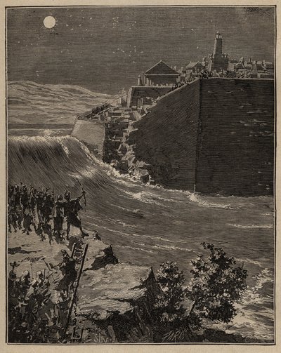 Olaria: tijolos crus na Grécia antiga. O exército de Pausanias (século V a.C.) faz um desvio do curso de um rio para destruir as paredes de tijolo cru que protegem a cidade de Mantinee. Gravura de 1885 em "Les arts et metiers illustres" de Adolphe BITARD. de Unknown artist