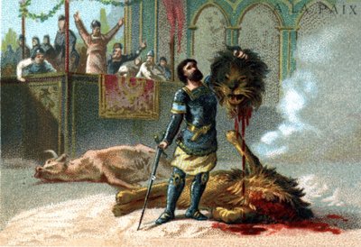 Pépin le Brief (715-768), Rei dos Francos, luta com um leão e um touro durante as festas dadas para celebrar a sua coroação em 751. de Unknown artist