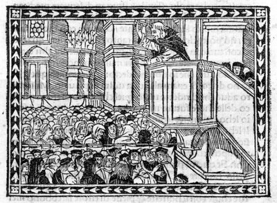 Pregação de G. Savonarola (Jerônimo Savonarola) (1452 - 1498) - no "Compêndio do Apocalipse", incunábulo de 23/4/1496. de Unknown artist