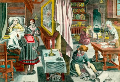 Preparação e administração de medicamentos à base de guano contra a doença venérea da sífilis" Gravura do século XVII. Paris. Academia de Medicina de Unknown artist
