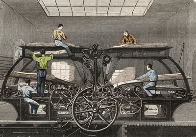 Imprensa de impressão: imprensa gráfica do jornal "Le Siecle" em Paris. Gravura de 1857 em "Le Musee Des Sciences". de Unknown artist