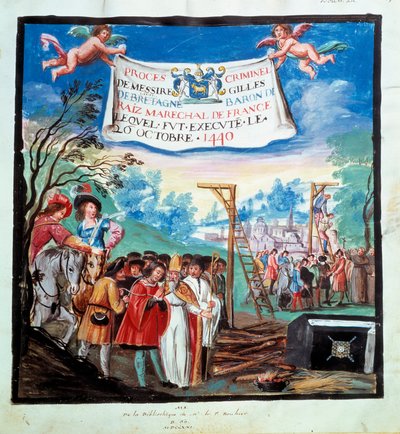Procesos de Gilles de Rais (Retz ou Rays) (1404-1440): "A execução, gibet e açougueiro" Ele é executado por assassinato e heresia. Miniatura do século XV. Paris, B.N. de Unknown artist