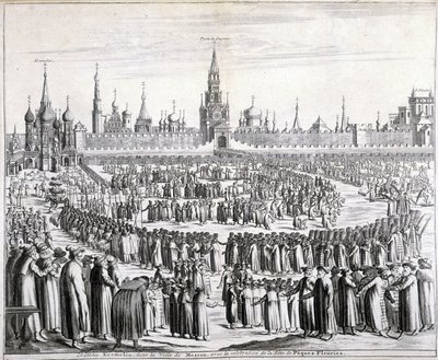 Procissão das Flores da Páscoa em frente ao Portão do Santo Salvador e ao Kremlin em Moscovo. Gravura do século XIX. de Unknown artist
