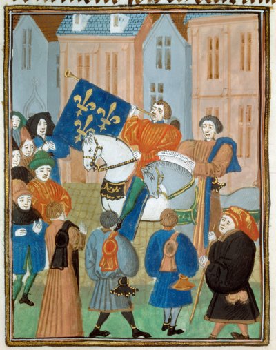 Proclamação de paz em Reims em 2 de outubro de 1435 após a assinatura do Tratado de Arras entre o rei Carlos VII e o duque da Borgonha Filipe III, o Bom, terminando a guerra civil entre os Armagnacs e os borgonheses. Miniatura de “” Reis e quee de Unknown artist