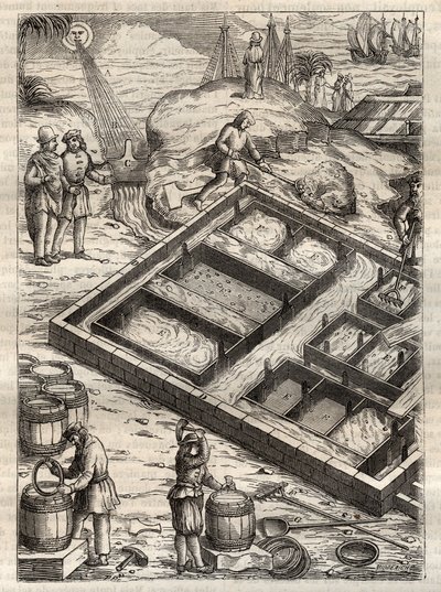 Produção de sal através da evaporação da água do mar em salinas. De "De re metallica" de Georgius Agricola (Georg Bauer). (Basileia 1556) - Produção de sal: a água do mar derramada em grandes tigelas evapora e deixa um depósito de sal. Gravura a partir de  de Unknown artist