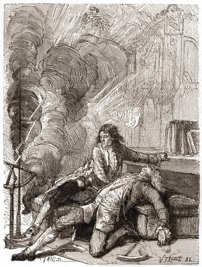 O Professor Georges Guillaume Richmann (1711-1753) morreu na sua oficina após uma experiência com um electrómetro de Unknown artist