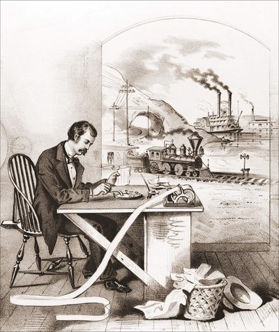 Progresso do Século (século XIX): Morse Telegraphy, Dawn Boat, Train, etc. Gravura do Século XIX. de Unknown artist
