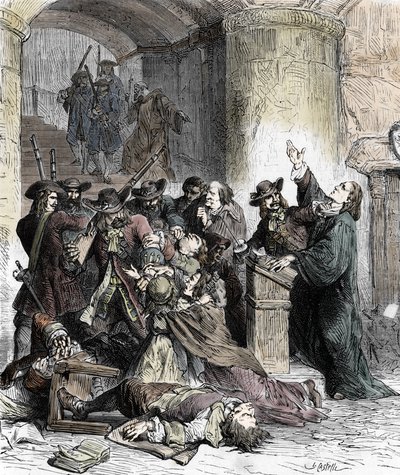 Proibição de preches e prisão de protestantes após a revogação da Edit de Nantes (dragonnades sob Louis XIV (1681-1686): Soldados católicos (dragões) massacram os Protestantes. Século XIX (gravura) de Unknown artist