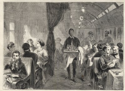 Pullman vagão-restaurante das Ferrovias do Pacífico em 1869 - dentro de um hotel de vagões na Ferrovia do Pacífico - de Unknown artist