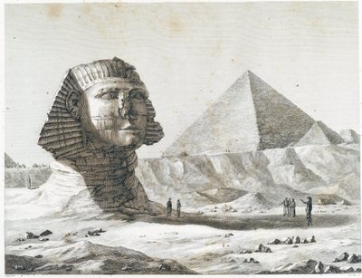 Pirâmides de Gizé: vista da Esfinge e da Grande Pirâmide, tirada do sudeste - em "Descrição do Egito", Edições Imperiais de Unknown artist