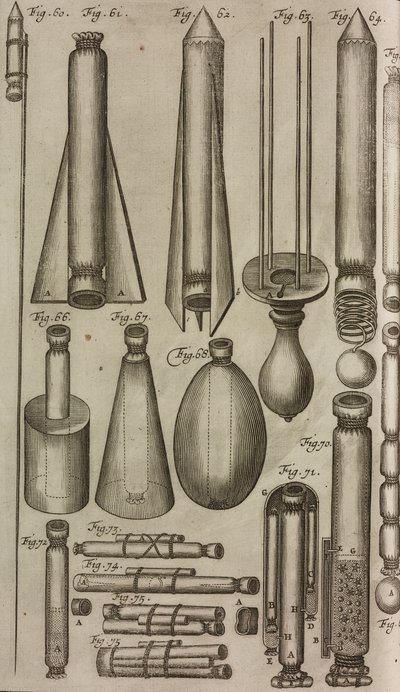 Foguetes e instrumentos pirotécnicos, gravura de Grand Art d