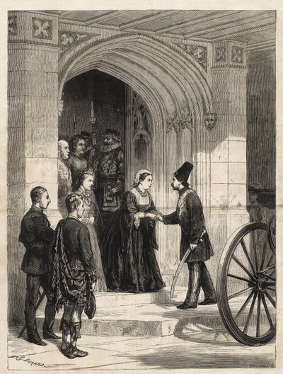 Rainha Victoria recebendo o Xá da Pérsia (Naser al-Din Shah Qajar - Nassereddin Shah Qajar) (Nasser al-Din ou Nassereddin Shah, Nassiruddin Shah ou Nasir al Din) (1831-1896) na Entrada do Soberano, Castelo de Windsor - 1873 - Egraving from 