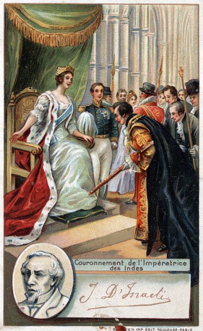Rainha de Inglaterra Victoria foi coroada Imperatriz da Índia em 1877 com o apoio de Benjamin Disraeli (1804-1881) escritor e político britânico. Cromolitografia do século XIX. de Unknown artist