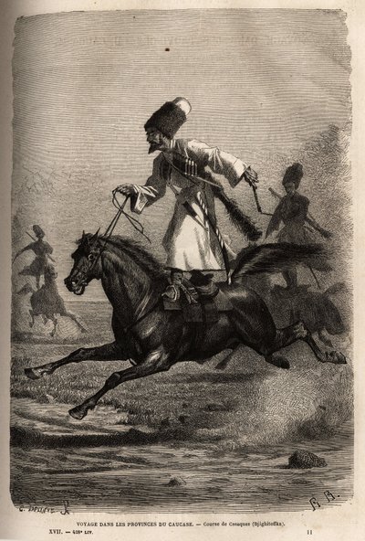 Corrida de Cossacos, sobe em equilíbrio de pé sobre a sela, os cavaleiros chicoteiam os cavalos para os fazer galopar. Gravura para ilustrar a viagem nas províncias do Cáucaso, por Basile Vereschaguine, em 1864-1865, publicada em "Le tour du monde, nouvea de Unknown artist