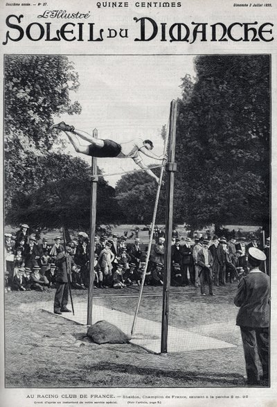 Clube de corrida da França. Sheldon, campeão de França, salta 2, 95 m para saltar a la Perche. Gravura em "Le sun-du-dimanche", 2 de julho de Unknown artist