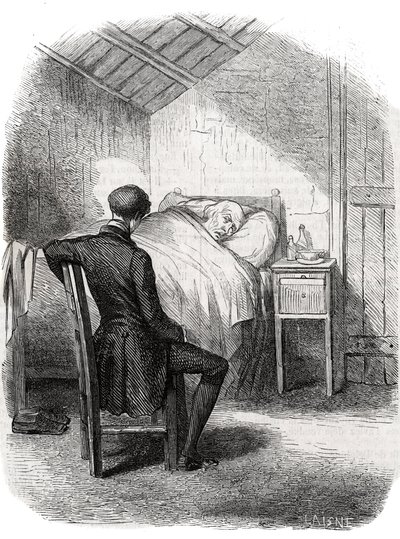 Rastignac ficou sozinho perto do velho, sentado aos pés da cama... Gravando em meados do século XIX. Ilustração para "O Padre Goriot" de Honore de Balzac (1799-1850). de Unknown artist