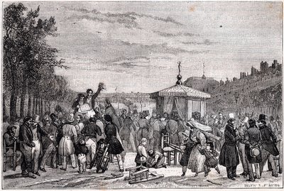 Leitura das decisões publicadas no jornal Moniteur nos jardins do Palácio Real de Paris em 26 de julho de 1830 durante a guerra civil - Revolução 1830 - Palestra des prescrições em Le Moniteur, au jardin du Palais-Royal, 26 de julho de 1830 às 19h. - de Unknown