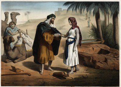 Rebecca e Eliezer para o poço: Eliezer de Damasco, encarregado de encontrar uma esposa para Isaac na Mesopotâmia, traz Rebecca de volta. Gravura anónima do século XIX. de Unknown artist