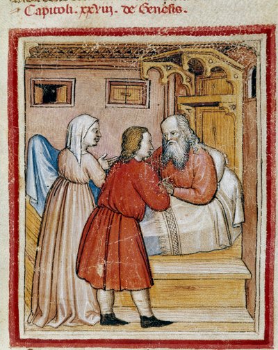 Rebecca traz seu filho Jacob, a quem seu irmão Esaú ameaça matar, na frente de seu marido Isaac para tirar sua bênção miniatura do Codex 212 (ou padovano ou Bíblia de Pádua) 1390-1400 Rovigo, Accademia dei Concordi de Unknown artist