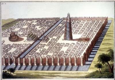 Vista reconstruída da antiga cidade da Babilónia, com o recinto, os jardins suspensos e o zigurat. de Unknown artist
