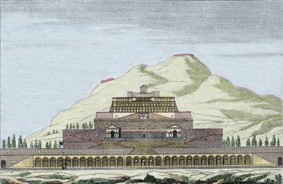 Reconstrução do templo da Fortuna (divindade romana do acaso) em Palestrina, Itália. Gravura do século XIX de Unknown artist