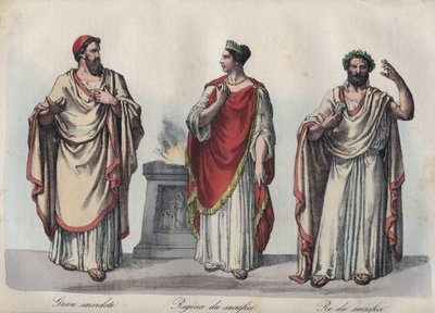 Religião na Roma antiga - sacerdote romano - Regina sacrorum - Rex Sacrorum (rex sacrificulus) - gravura de "Usos e costumes de todos os povos do Universo". Ou História do Governo, Leis, Milícias e Religião de Todas as Nações da de Unknown artist
