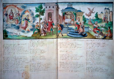 Teatro Religioso: "Paixão e Ressurreição", apresentado em Valenciennes, em 1547. Página manuscrita com aguarela, Paris, B.N. de Unknown artist