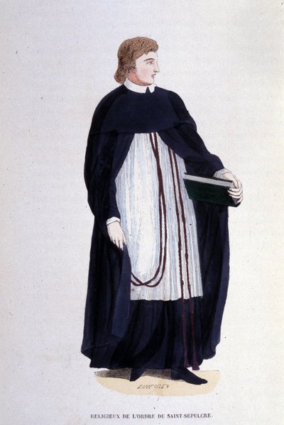 Religiosos da Ordem do Santo Sepulcro. Gravura de um álbum sobre ordens religiosas, Paris de Unknown artist