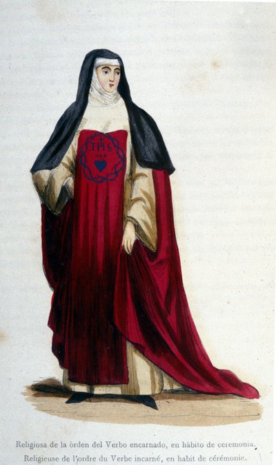 Religiosos da ordem do verbo encarnado em traje cerimonial. Gravura de um álbum sobre ordens religiosas, Paris de Unknown artist
