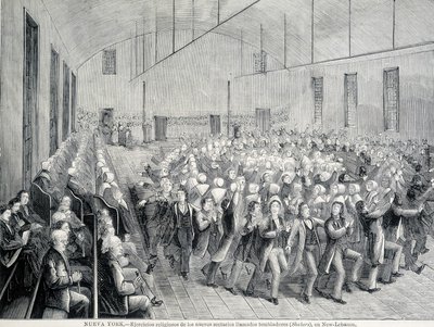 Procissão religiosa dos Shakers em Nova Iorque. Ilustração do século XIX. de Unknown artist