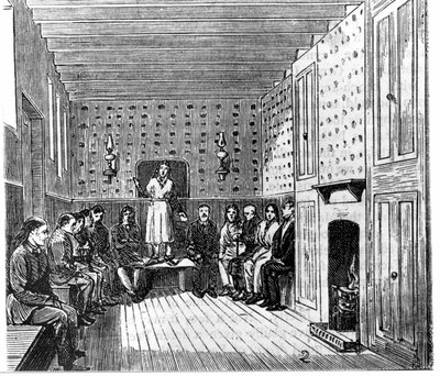 Encontro religioso de agitadores americanos. Gravura do século XIX. de Unknown artist