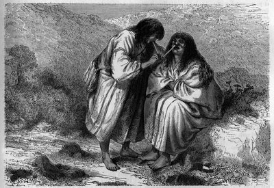 Remédio para o frio comum: a insuflação de tabaco entre os índios americanos. Gravura em "Le journal de la jeunesse". de Unknown artist