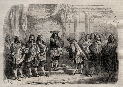 Rene Duguay Trouin (Duguay-Trouin) (Rene Trouin du Gue dit) (1673-1736) recebendo a cruz de Saint-Louis das mãos do Rei Luís XIV - gravura em "Dictionnaire populaire illustrious" - 1864 - de Joseph Decembre e Edmond Allonier - de Unknown artist