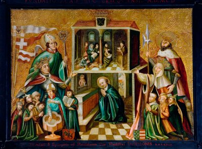 "Representação do Rei Ladislau II Jagiellon da Polónia e da Rainha Hedwig I da Polónia (1372-1399) ajoelhando-se perante a Universidade Jagielloniana. Cenas de oração e bênção. Pintura sobre madeira. Cracóvia de Unknown artist