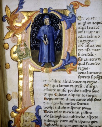 Representação numa lettrina do poeta Dante Alighieri (1265 - 1321), miniatura do século XIV. de Unknown artist