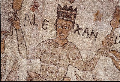 Representação de Alexandre o Grande (356-323 AC), Rei de Macedoine e conquistador da Pérsia, cercou a fauna indiana durante a conquete da Índia. Pavimento de Pantaleone (ou Pantaleão de Unknown artist