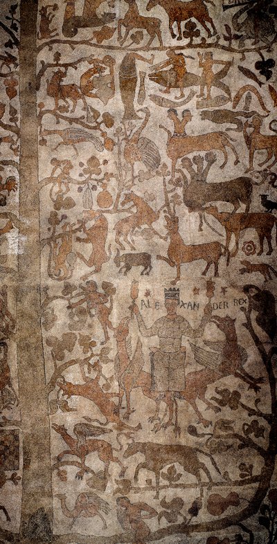 Representação de Alexandre o Grande (356-323 AC), Rei de Macedoine e conquistador da Pérsia, cercou a fauna indiana durante a conquista da Índia, Deluge, Deucalion e Pyrrha. Pavimento de Pantaleone (ou Pantaleão de Unknown artist