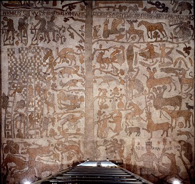 Representação de Alexandre o Grande (356-323 AC), rei de Macedoine e conquistador da Pérsia, rodeia a fauna indiana durante a conquete da Índia e o dilúvio infernal à direita, à esquerda a construção da Torre de Babel. Pavimento do Pant de Unknown artist